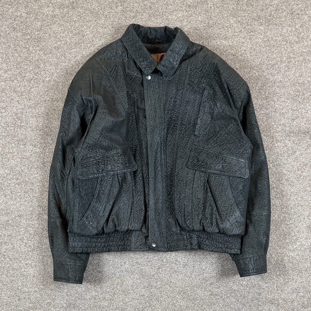 Vintage 80s Pelle Cuir Black Suede Leather Bomber Jacket Mens L Textured Pattern